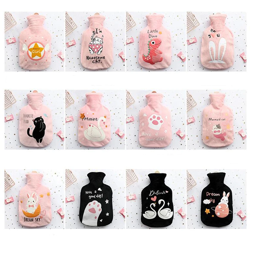 Large Hot Water Bottle with Cute Cartoon Plush Cover 1000ml Girls Kids Hand Warmer Hot Water Injection Bag for Pain Relief