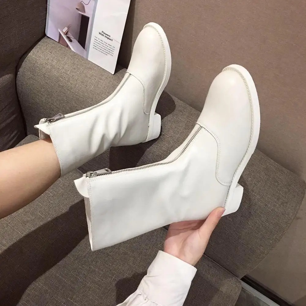 

Bootee Woman 2019 Lady Boots Martins For Women Shoes Zipper Leather Booties Chunky Heel Round Toe Ladies Rock Rubber Winter