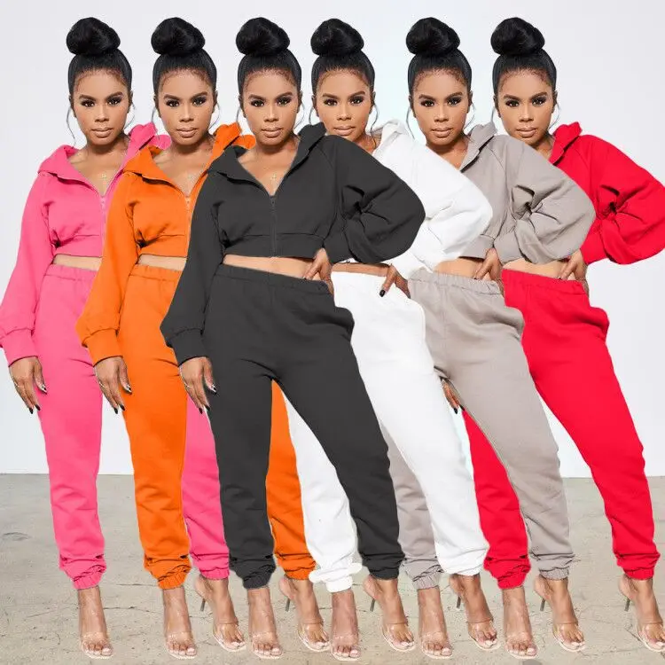 

Women outdoor casual Solid Hooded Two Piece Sport Sets Long Sleeve Zipper Front Short Sweater High Waist elastic Pants