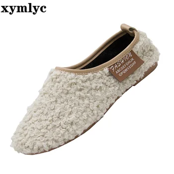 

flats tabi ninja shoes winter warm curl wool shallow loafers clip toe slip-in lazy moccasins women cozy soft bottom fur footwear