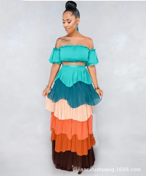 

Chiffon pleated pleated skirt + tube top two-piece color matching cake skirt sexy African women