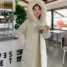 Korean Winter Women Thick Down Padded Jacket Overcoat 2021 New Hooded Mid-Length Loose Cotton Coat Big Fur Collar Puffer Jacket