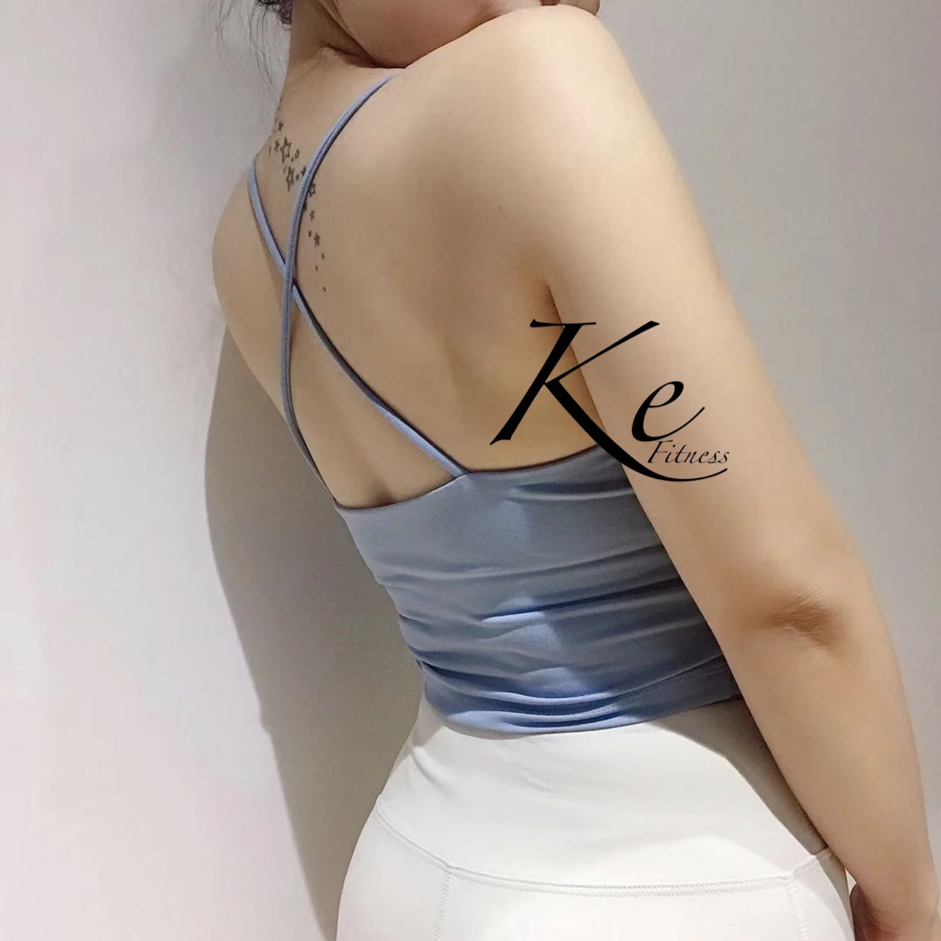 

KE blue white back cross straps sports fitness yoga camisole with chest pad gathers running clothes