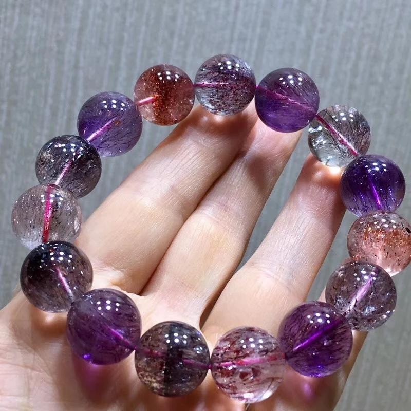

Top Natural Super Seven 7 Melody Purple Rutilated Quartz Bracelet 14.8mm Crystal Round Beads Women Certificate AAAAA