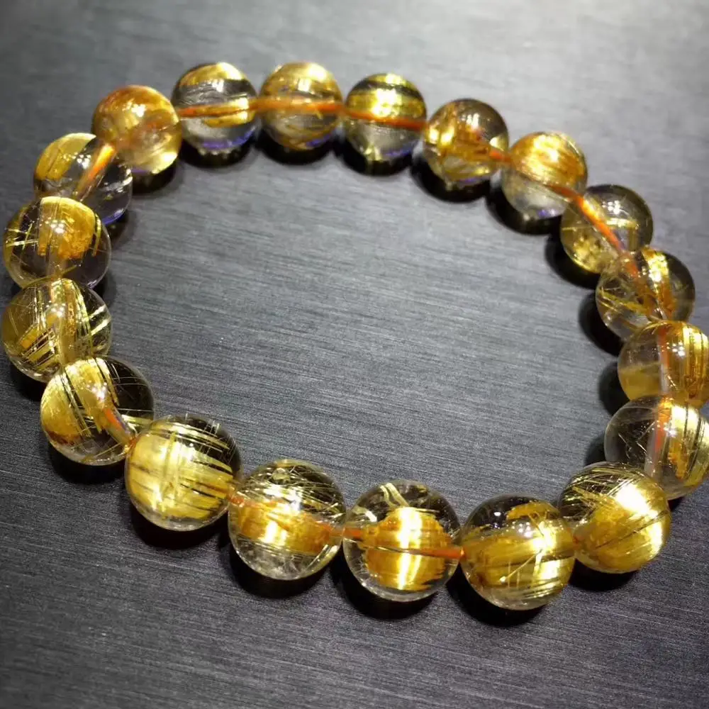 

10.5mm Genuine Natural Brazil Gold Rutilated Titanium Bracelet For Women Men Strong Cat Eye Round Beads Crystal Jewelry AAAAAA