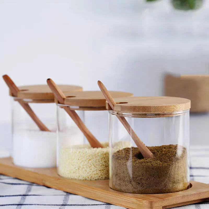 

Transparent Seasoning Jar Glass Vanilla Spice Tool Bottle Sugar Salt Storage Jar Spice Jar with Wooden Spoon Kitchen Accessories