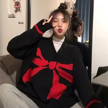 

Korean Winter New Sweet Vintage Bow Design Pullovers V-Neck Harajuku Lazy Style Keep Warm Full Sleeve Black Knitting Sweater