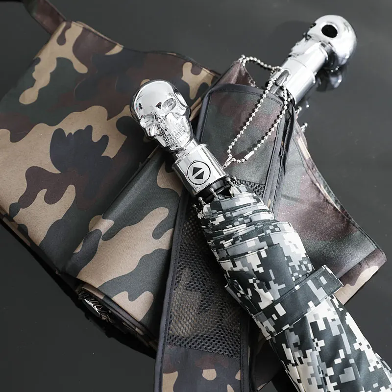 

Vintage Camouflage Skull Fully-automaticlly Umbrella Punk High Quality Wind Resistant Portable Three Folding Gift for Men Girls