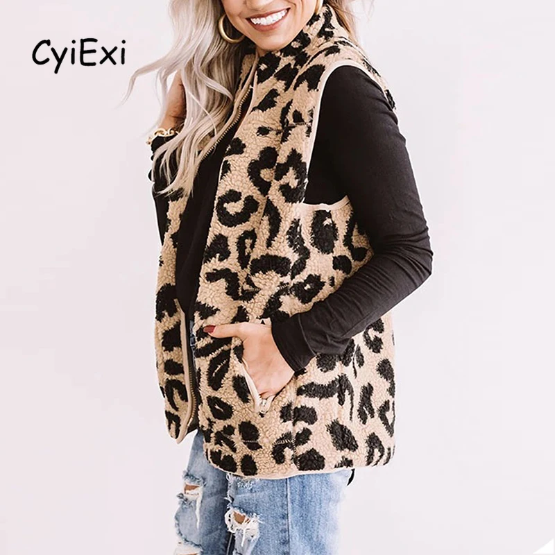 

CyiExi Warm Sherpa Women's Jacket Vest Leopard Print Open Front Sleeveless Casual Oversized Vest Autumn Winter Coats Outwear XXL