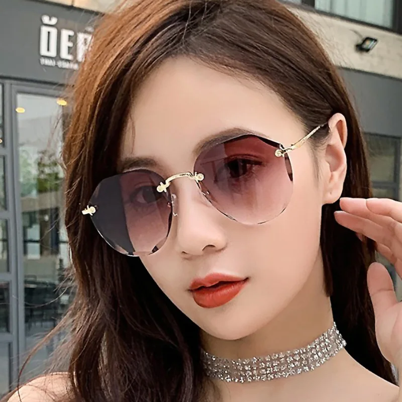 

Gradient Rimless Sunglasses For Women Luxury Design Fashion Retro Trend Female Ladies Driving Metal Slice Pink Sun Glasses 2023