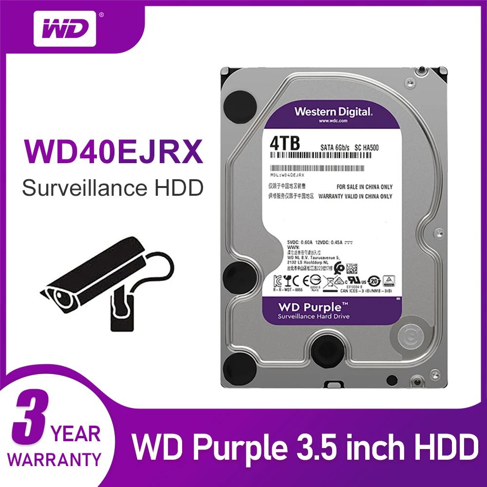 Диск Жесткий WD Purple, 4 ТБ, 5400 об/мин, класс SATA, 6 ГБ/сек. 64 Мб кэш-памяти, 3,5 дюйма, WD40EJRX, ip-камера