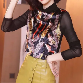 

Korean Fall Spring Fashion Womens Stand Collar Mesh Patchwork Printed Floral Velvet Shirt Top , Velour 3xl Tops Shirts for Women