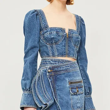 

Summer crop top casual women clothes 2020 blue shirts women long sleeve women tops denim blouse women