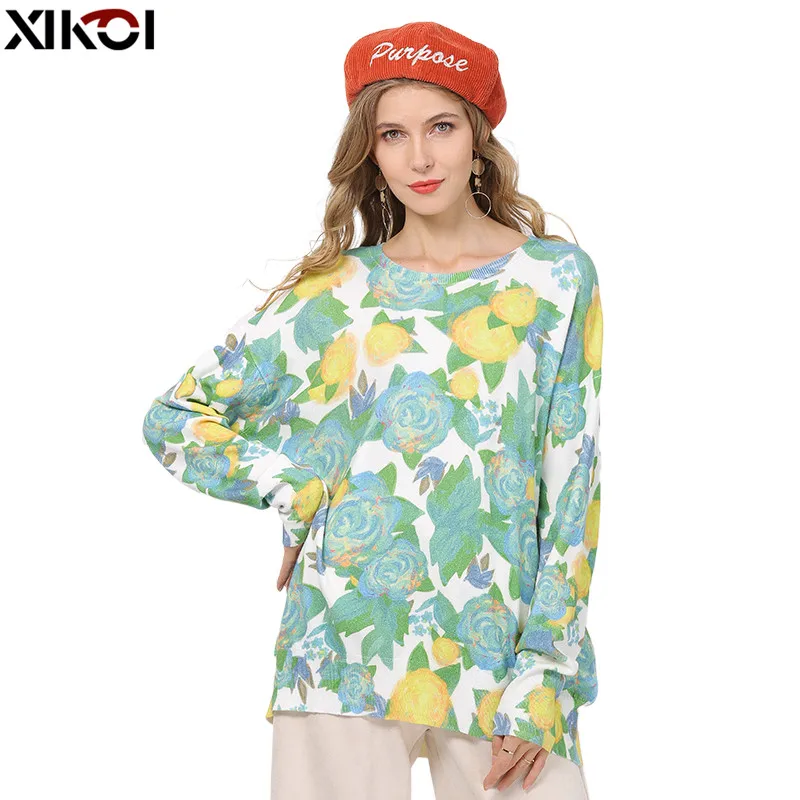 New XIKOI Fashion Sweet Rose Print Sweater For Women Winter Oversized Pullover Autumn O-Neck Jumper Knitted Pull Femme Plus Size | Женская