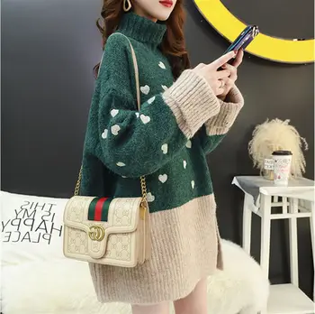 

New Fall And Winter Wear Loose Net Red Turtleneck Sweater Women Love Color Matching pullover lazy wild shirt tide gray green bro