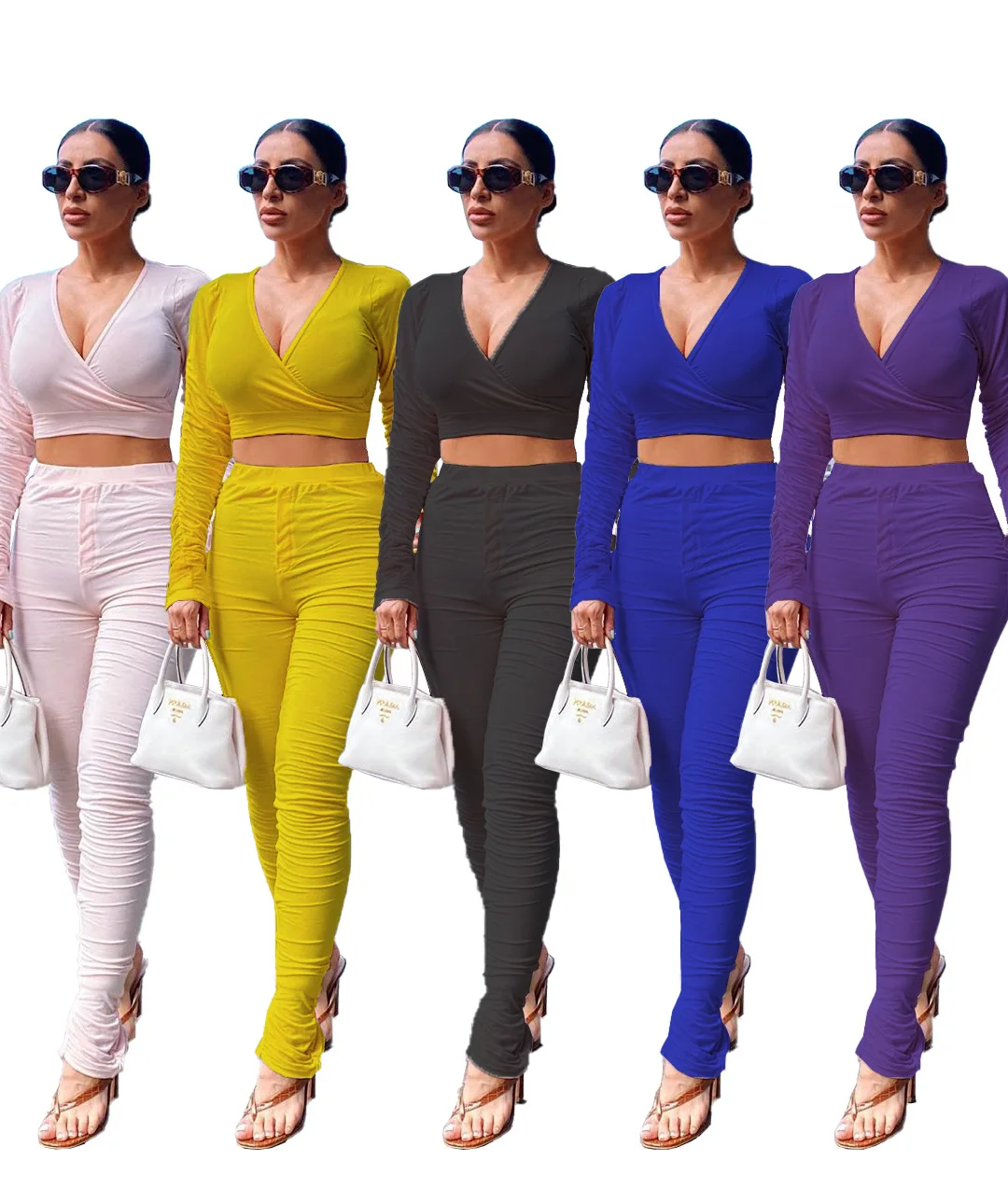 

Women Long Sleeve Crop Top And Stacked Sweatpants Set 2 Piece Set Elegant Outfits Matching Set Solid Sporty Workout 2020 3XL