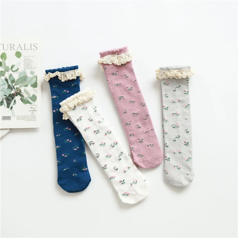 Носки для девочек кружевные носки с оборками Детские хлопковые носки в стиле Харадзюку в винтажном стиле с цветочным принтом в стиле ретро для детей, гольфы принцессы