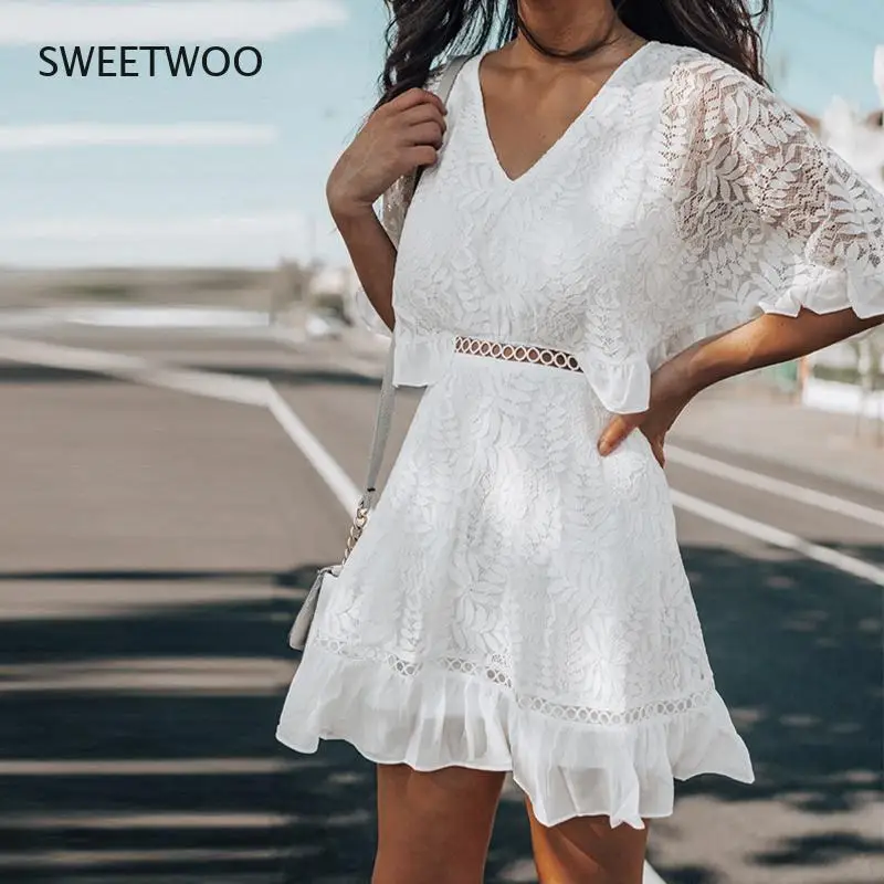 

New Women's Summer V-Neck White Lace Dress Trumpet Sleeve Ruffled Mini Dress Female A-Line Short Party