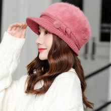 HT2808 женские береты женская шапка из кроличьего меха Толстая теплая женская зимняя вязаная шапка одноцветная восьмиугольная кепка Newsboy женский модный берет шапка