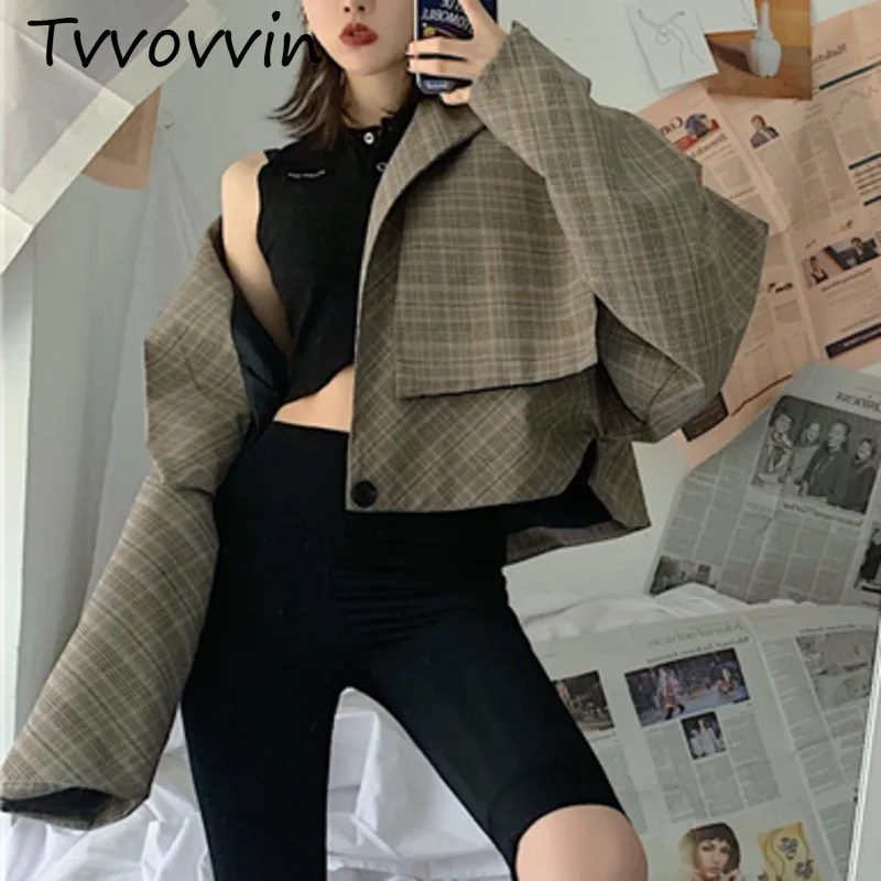 TVVOVVIN Plaid Long Sleeve Short Section Loose Woman Blazer Jacket Casual Personality Temperament Fashion Autumn Coat C833