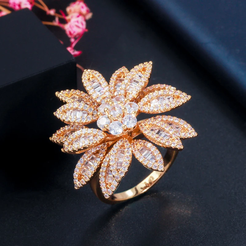 BeaQueen элегантное большое кольцо с листьями и цветами AAA+ кубический цирконий Цвет серебристый, золотой вечерние Обручальные кольца для женщин R095