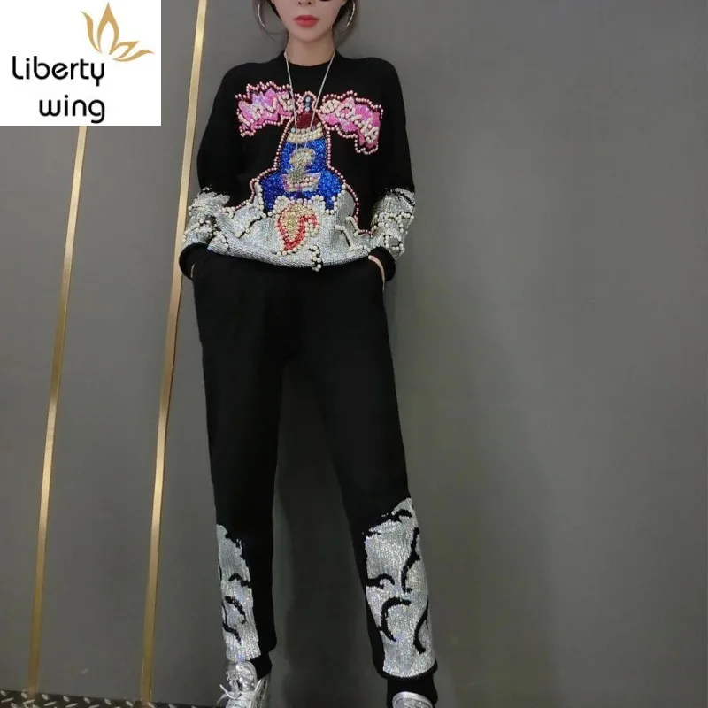 

Autumn Winter Embroidered Flares Sequins Womens Kintting 2Pcs Sets Long Sleeve O-Neck T-Shirts Elastic Waist Full Length Pants