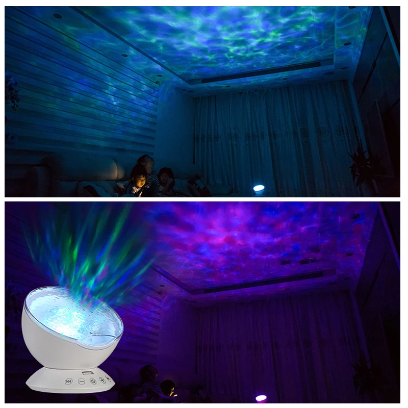 

Sky Ocean Wave Projector Remote Control Music Player Speaker 7 Colors USB Changing Romantic Night Light Novelty Baby Lamp or Kid