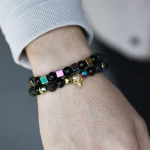 8 мм Череп браслет 2 шт./компл. крутые квадратные куб натуральный вулканической лавы Стекло браслет из бисера для Для мужчин Для женщин ручной ювелирные изделия подарки LDLBF58