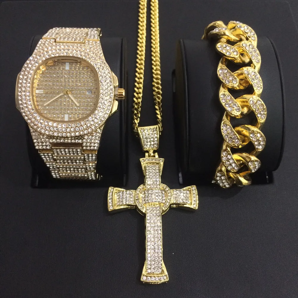 Luxury Men Diamond Watch Hip Hop cross Jewelry Watch& Bracelet&Necklace Combo Set Watch Diamond Ice Out Cuban Watch Set For Men