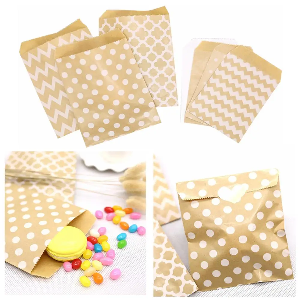 Kraft Paper Bag Candy Biscuit Popcorn Brown White Wave Dot Packing Pouch Pastry Tool Wrapping Wedding Party Supplies 10pcs | Дом и сад
