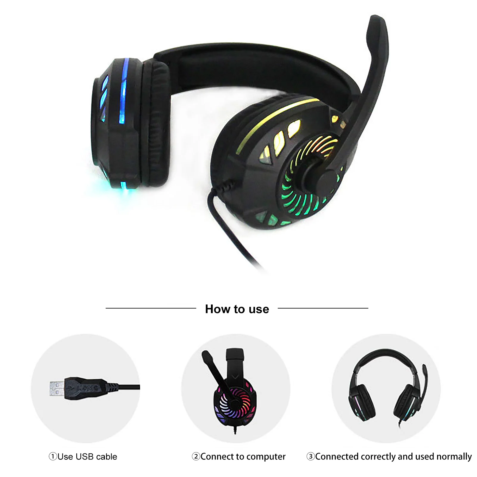 USB Wired LED Luminous Stereo Sound Headset Gaming Headphone with Microphone