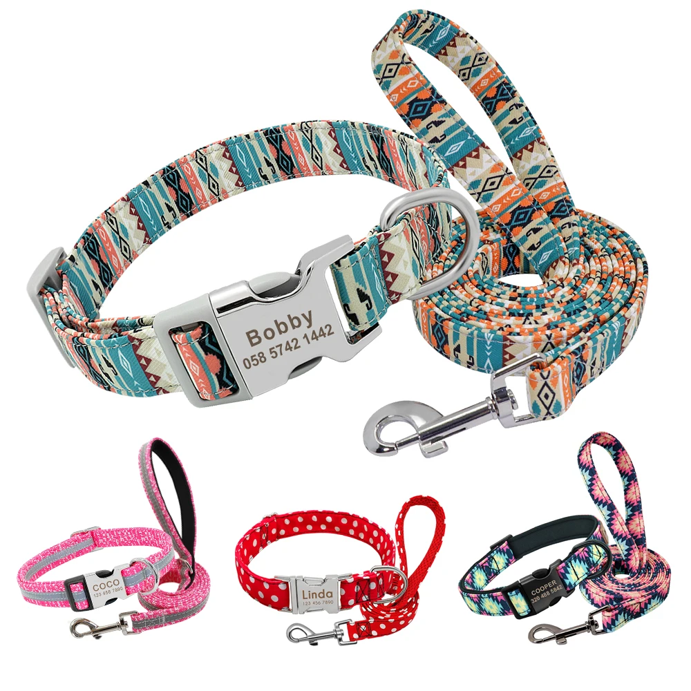 PersonalizedDogCollarandLeashSetReflectiveNylonPetCollarsLeadLeashEngravedIDTag