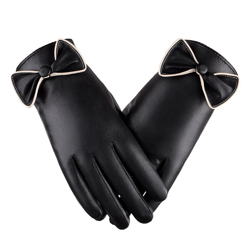 Элегантные женские перчатки для вождения с бантом из искусственной кожи, зимние теплые варежки, великолепные женские перчатки для езды на мотоцикле и лыжах - Цвет: Черный