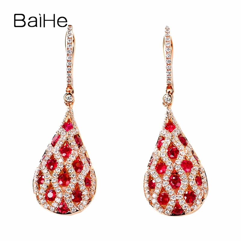 BAIHE Solid 14K Rose Gold 1ct Natural Ruby Earrings Wedding Trendy Fine Jewelry Water Droplets Stud Women Girl Gift | Украшения и