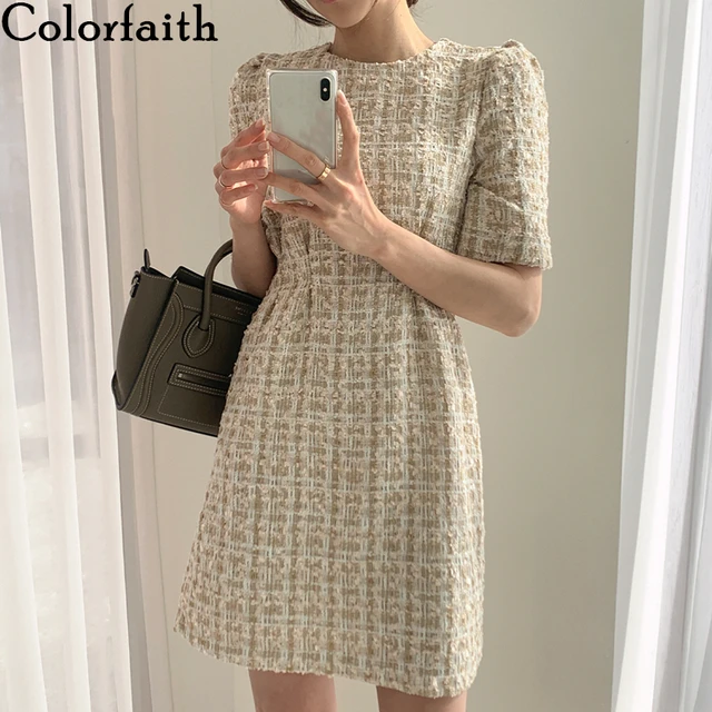 Colorfaith New 2021 Women's Summer Dresses Fashionable High Waist Puff Sleeve Plaid Elegant Checkered Vintage Mini Dress DR2152 1