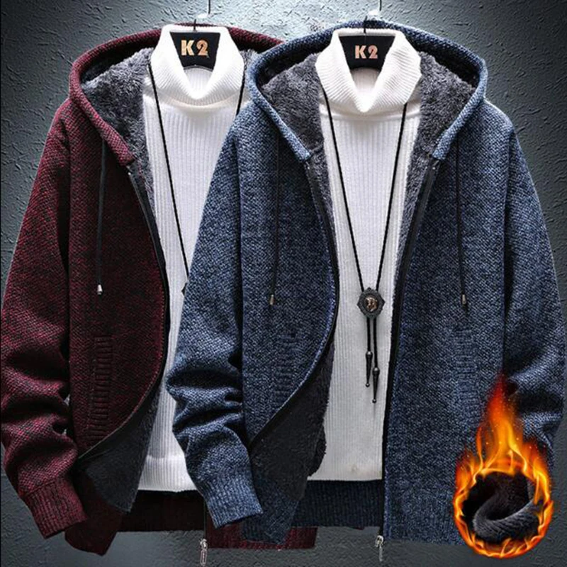 Chaquetas de punto con capucha para hombre, sudaderas con capucha gruesas de manga larga informales, prendas de vestir forro de lana cálido, suéter con cremallera, abrigos, abrigo para hombre