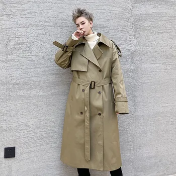 

Male Women Couple Streetwear Loose Jacket Cloak Overcoat Men's Double Breasted Belt Vintage Casual Long Trench Coat Outerwear