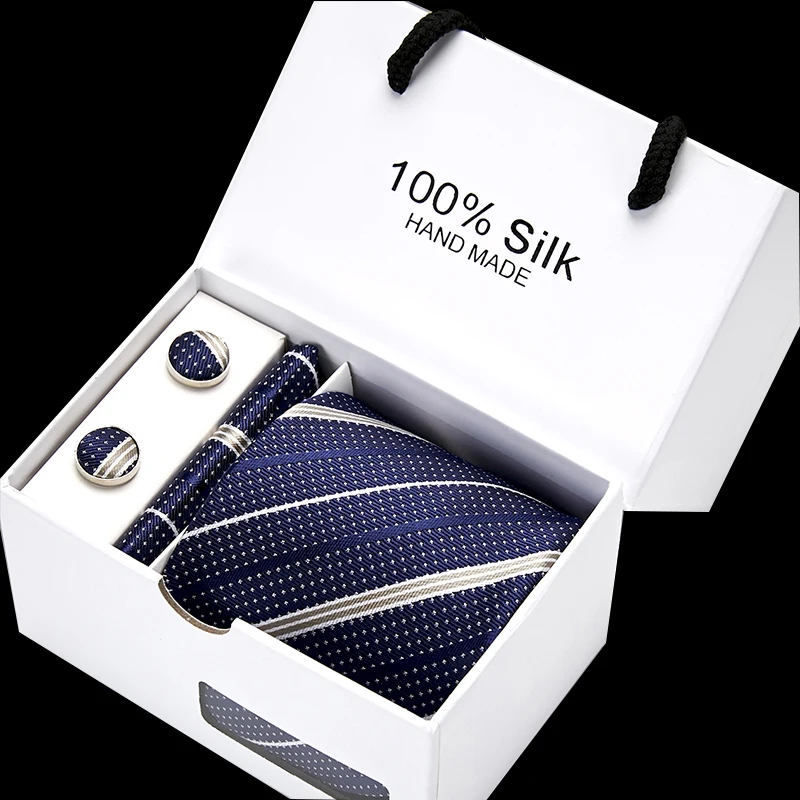  Wedding Stripe Necktie Handkerchief Cuffink Necktie Set Stitching 100% Silk Formal Dress Accessorie