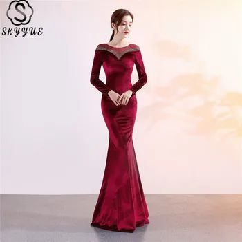

Skyyue Formal Dress Long Sleeve Velour O-Neck Mermaid Eveing Gown Crystal Floor-Length Solid High-waist Robe De Soiree C093
