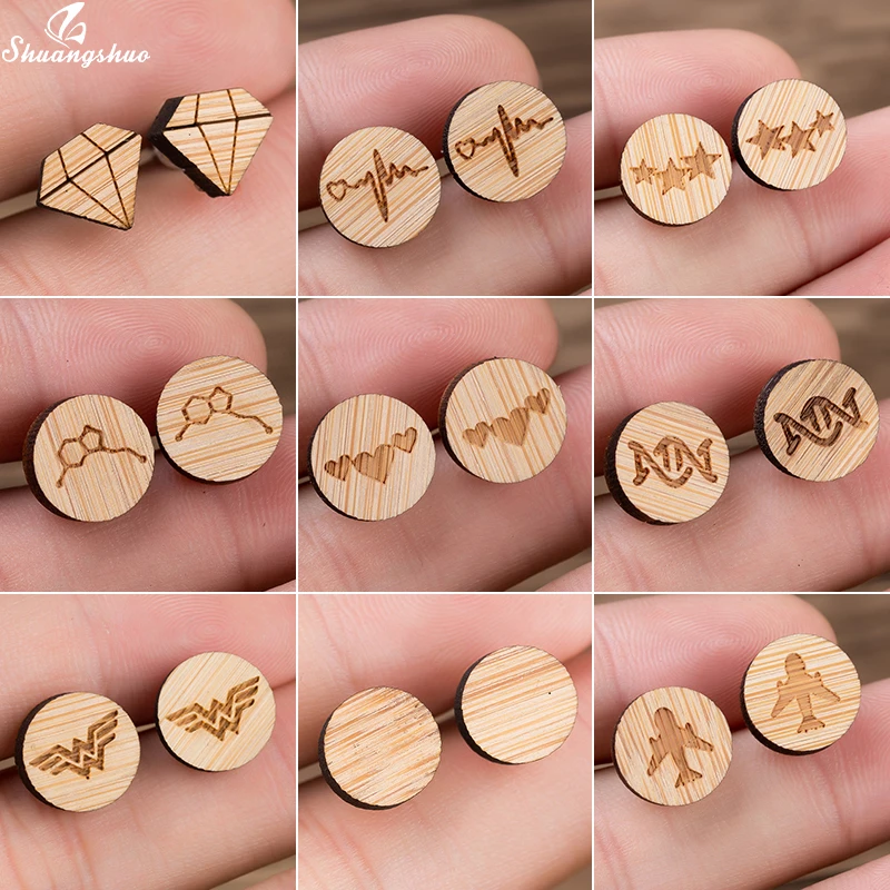 

Shuangshuo Wood Earrings Jewelry Lovely Geometric Round Stud Earings for Women Girls Kids Print Earrings Piercing Pendients Gift