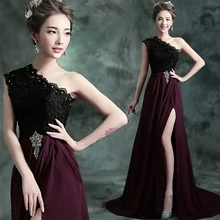 

one shoulder Evening prom gown 2018 black lace chiffon crystal vestido de festa longo robe de soiree