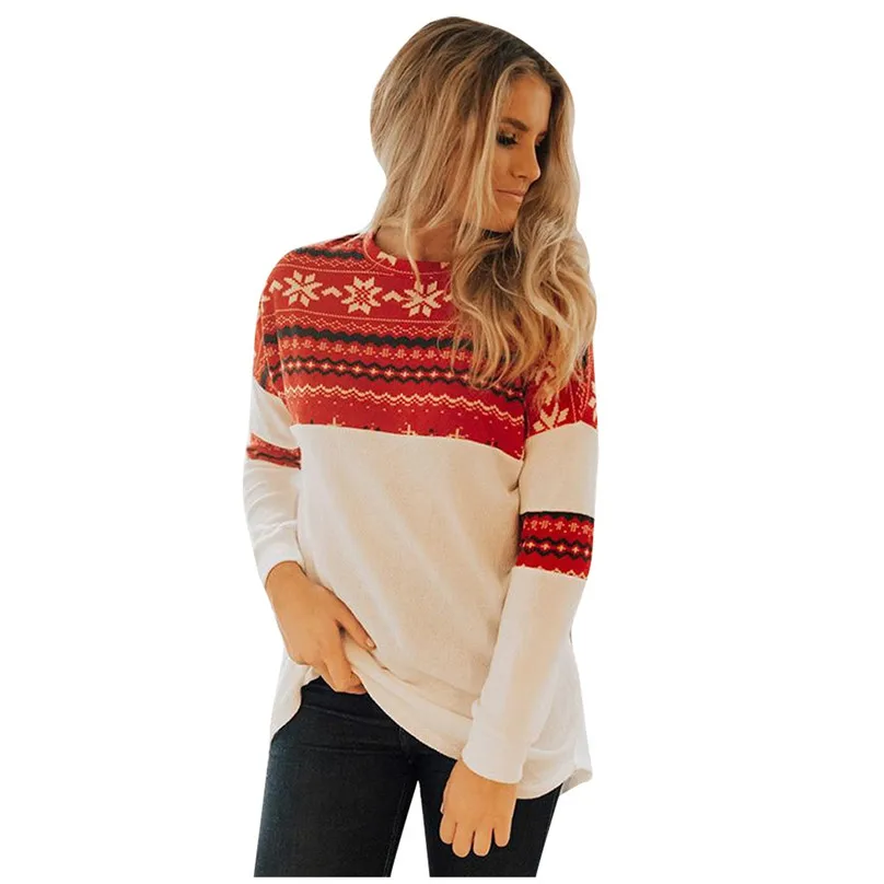 Womens Christmas Red Splice Irregular Thin Sweater Sweet Print Pullover Elk Tops For Women Girls 40SE12