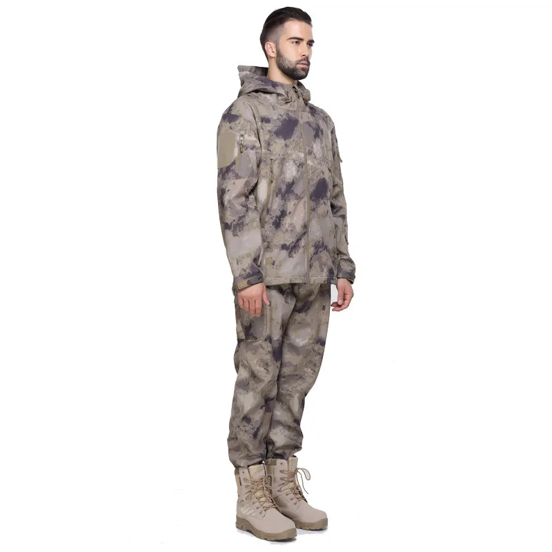 Черная Мужская тактическая куртка с капюшоном Брюки флисовая военная куртка пальто костюм - Цвет: ATACS