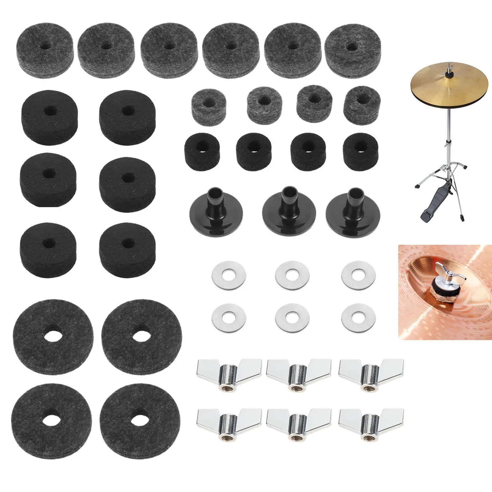 Cymbal Felts Hi-Hat Clutch Felt Hi Hat Cup Felt Cymbal Stand Sleeves with Base Wing Nuts and Washer for Drum Set of 21Pcs