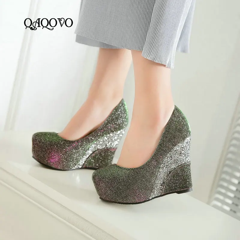 

2019 New Style Sexy Sequined Wedges Shoes Female Platform Spuer High Heels Pumps Slip On Spring Autumn Party Shoes Women