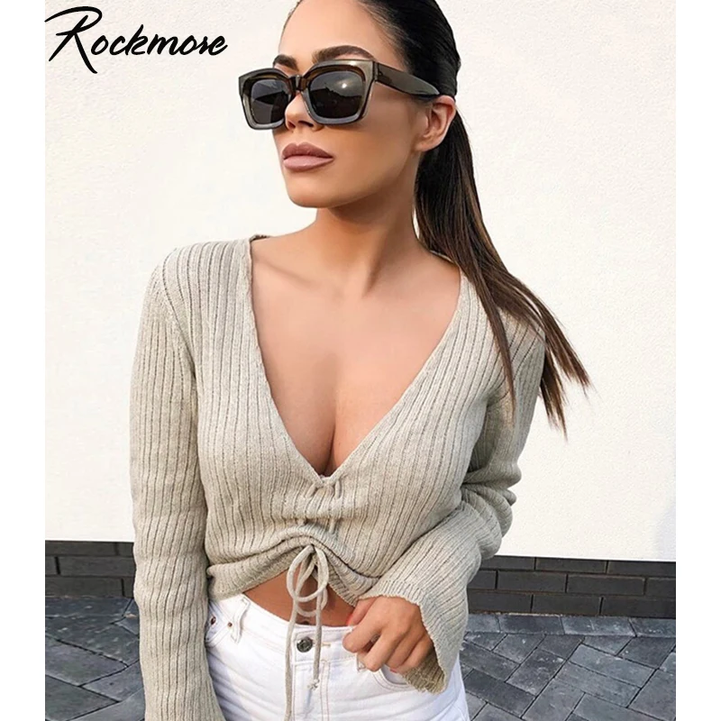 

Rockmore Ribbed Knitted Deep V Sexy Sweaters Women Korean Long Sleeve Lace Up Pleated Pullovers Sweater Femme Club Fall Winter
