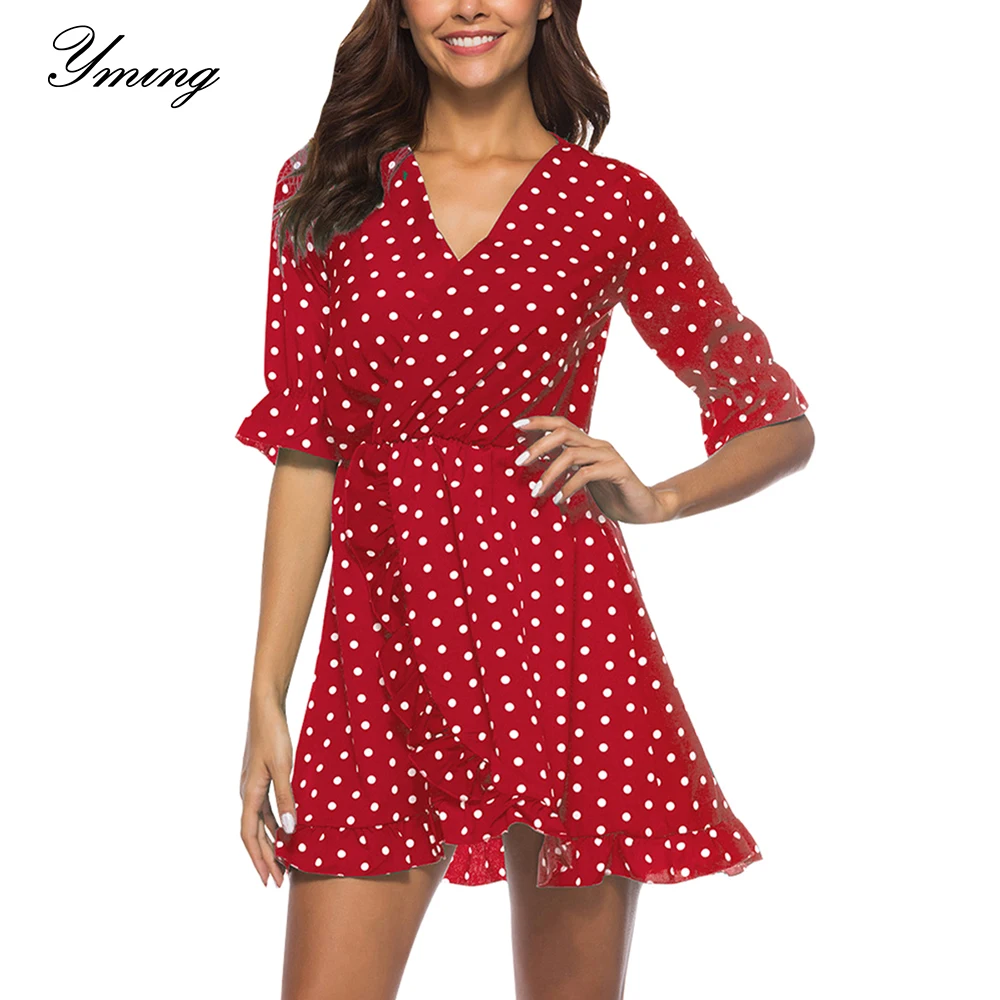 

Yming Wave Point Print Women Party Boho Dress Ruffle Half Sleeve Swing Dresses A Line Beach Sundress Casual Shirt Dress Woman