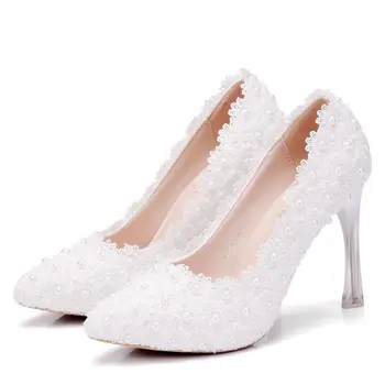 

Large Size Wedding Shoes High Heels Crystal Pointed Toe Party Shoes Pearl White Bride Dress Shoes Woman Pumps Lady