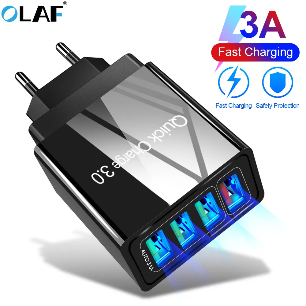 

48W 4U Quick Charge 3.0 USB Charger for iPhone Samsung Android 4-Ports Mobile Phone Universal Fast Charge LED Light Wall Adapter