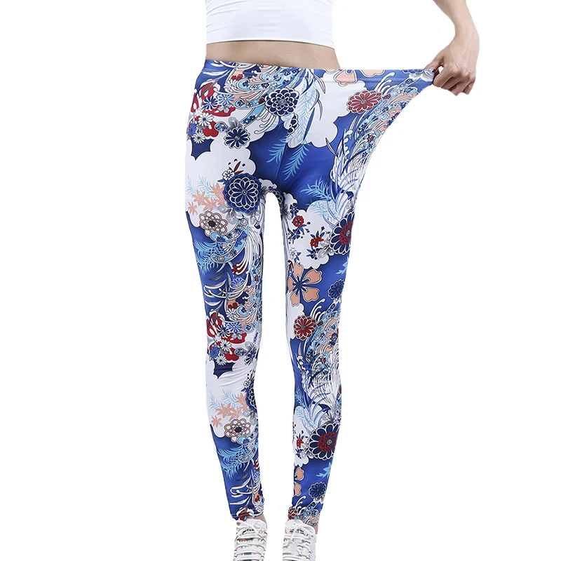

NDUCJSI High Waist Strethcy Women Printed Leggings Blue White Flowers Outdoor Activities Leggins Fitness Pants Sport Trousers